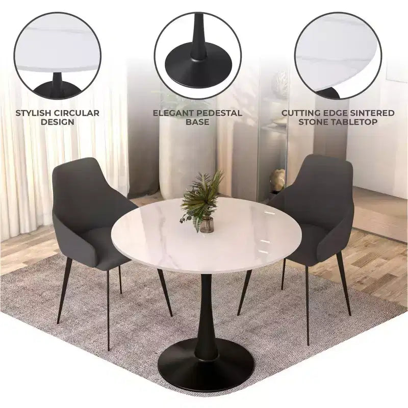 Table à manger ronde Bristol 35 avec plateau en pierre frittée et pied central en acier noir robuste pour cuisine et petits espaces