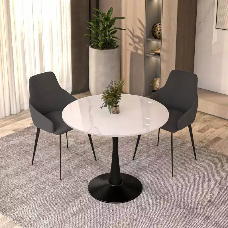 Table à manger ronde Bristol 35 avec plateau en pierre frittée et pied central en acier noir robuste pour cuisine et petits espaces