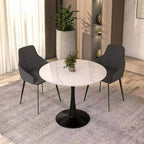 Table à manger ronde Bristol 35 avec plateau en pierre frittée et pied central en acier noir robuste pour cuisine et petits espaces