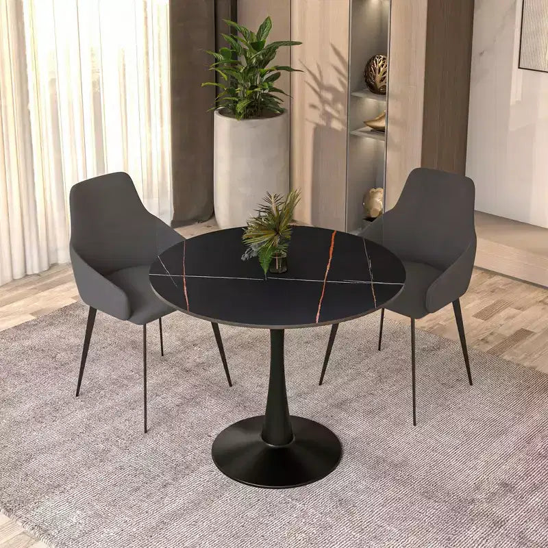 Table à manger ronde Bristol 35 avec plateau en pierre frittée et pied central en acier noir robuste pour cuisine et petits espaces