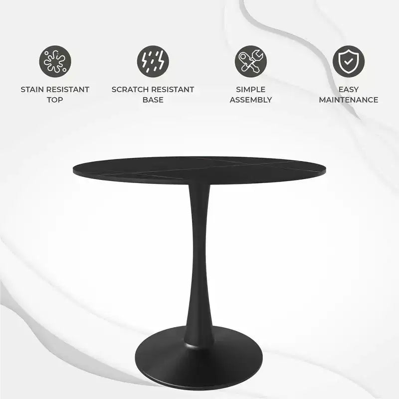 Table à manger ronde Bristol 35 avec plateau en pierre frittée et pied central en acier noir robuste pour cuisine et petits espaces