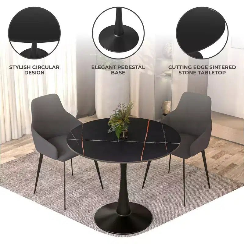 Table à manger ronde Bristol 35 avec plateau en pierre frittée et pied central en acier noir robuste pour cuisine et petits espaces