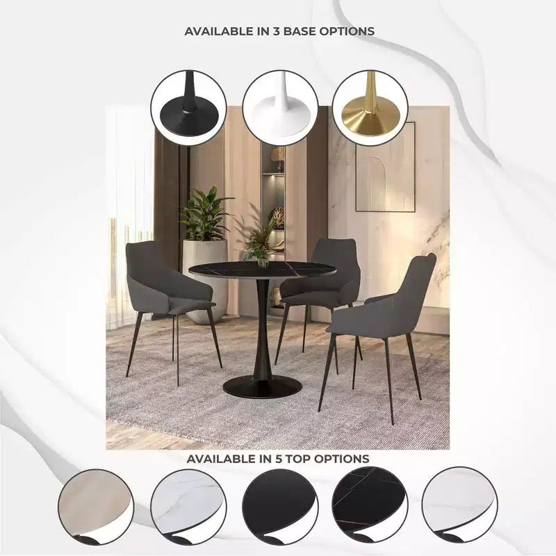 Table à manger ronde Bristol 35 avec plateau en pierre frittée et pied central en acier noir robuste pour cuisine et petits espaces