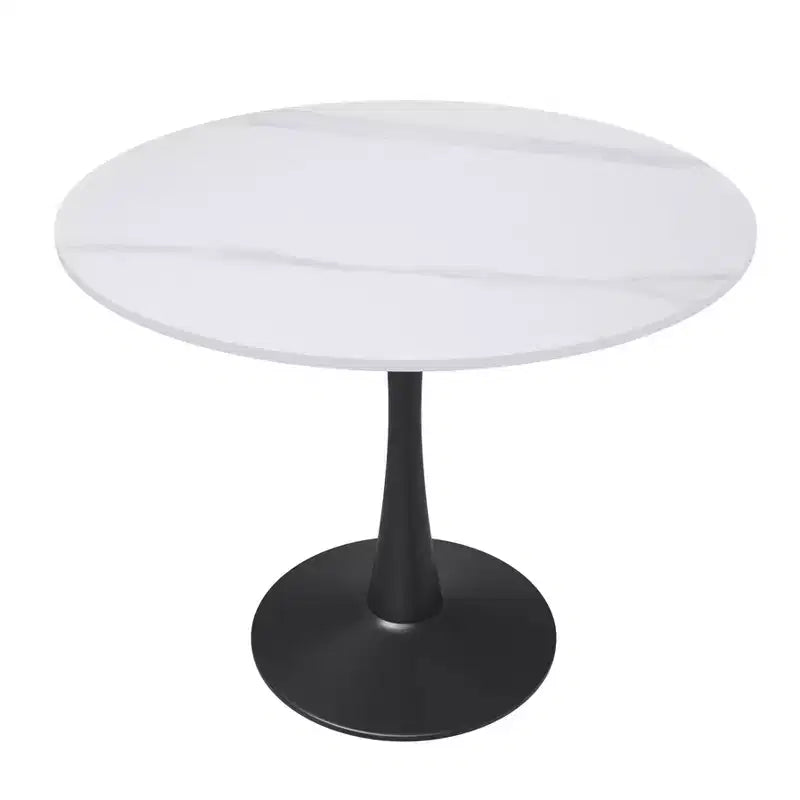 Table à manger ronde Bristol 35 avec plateau en pierre frittée et pied central en acier noir robuste pour cuisine et petits espaces