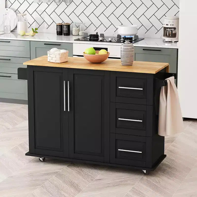 Kitchen Island on Wheels, Kitchen Island Cart w/Lockable Casters, 3 Large Drawers, 2-Door Cabinet, Towel Handle, Adjustable Shelves & Spacious Top