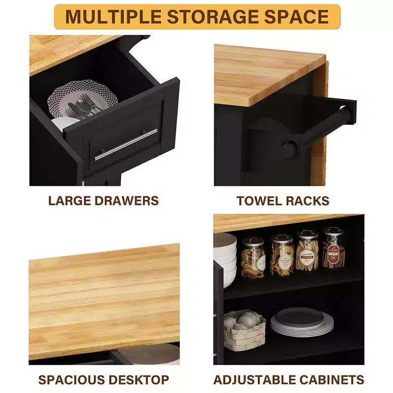 Îlot de cuisine sur roulettes, Desserte de cuisine avec roulettes verrouillables, 3 grands tiroirs, Armoire à 2 portes, Porte-torchon, Étagères réglables et Plateau spacieux