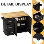 Îlot de cuisine sur roulettes, Desserte de cuisine avec roulettes verrouillables, 3 grands tiroirs, Armoire à 2 portes, Porte-torchon, Étagères réglables et Plateau spacieux