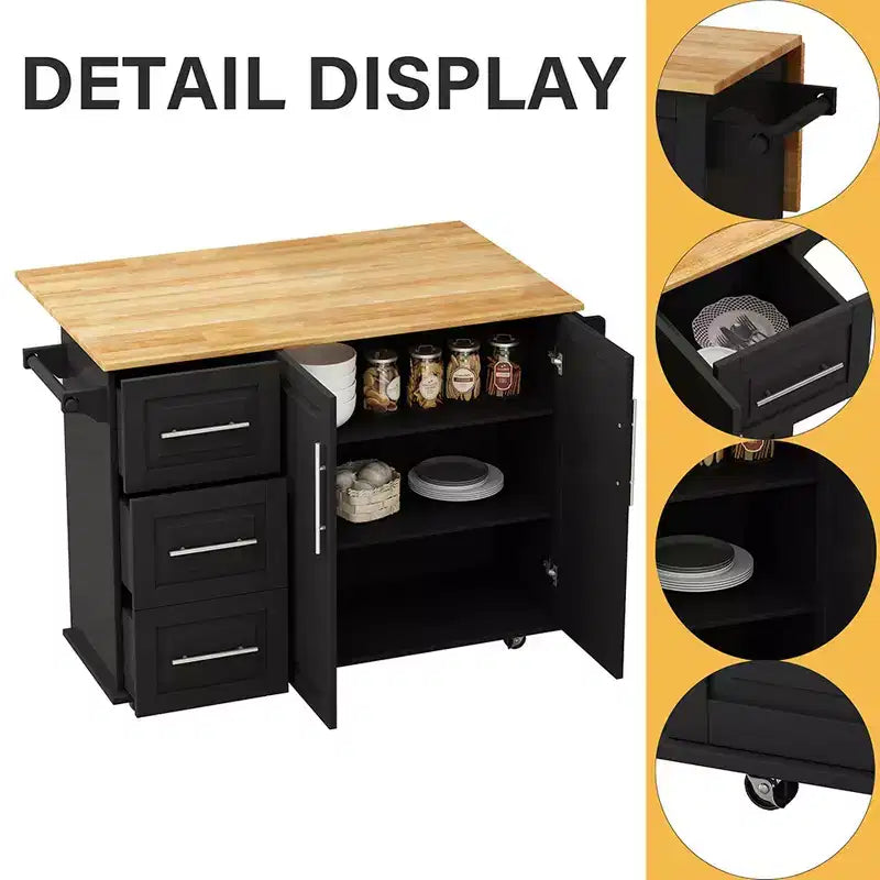 Îlot de cuisine sur roulettes, Desserte de cuisine avec roulettes verrouillables, 3 grands tiroirs, Armoire à 2 portes, Porte-torchon, Étagères réglables et Plateau spacieux