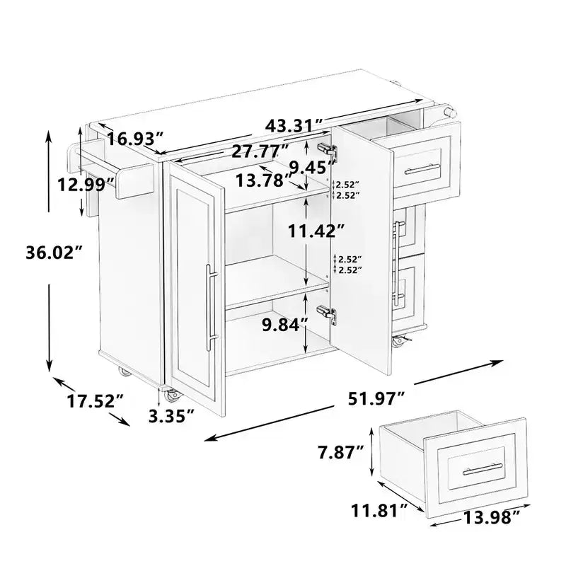 Îlot de cuisine sur roulettes, Desserte de cuisine avec roulettes verrouillables, 3 grands tiroirs, Armoire à 2 portes, Porte-torchon, Étagères réglables et Plateau spacieux