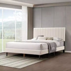 Queen Size Velvet Upholstered Bed Frame, Vertical Channel Tufted Wingback Headboard, Wooden Slats Support Platform, No Box Spring needed White