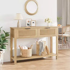Table Console Bohème, Table d'Entrée, Table de Canapé, Table de Couloir, Table d'Appoint Derrière le Canapé avec 2 Tiroirs et Étagère de Rangement Ouverte pour Salon