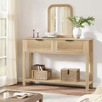 Table Console Bohème, Table d'Entrée, Table de Canapé, Table de Couloir, Table d'Appoint Derrière le Canapé avec 2 Tiroirs et Étagère de Rangement Ouverte pour Salon